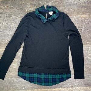 J. Crew black with green plaid layered look sweater top size XS B173